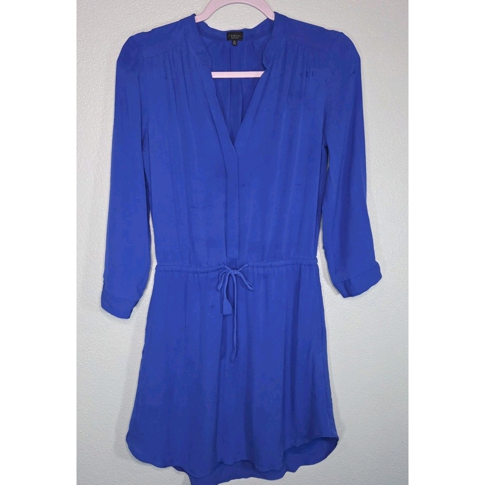 Aritzia‎ Babaton 100% Silk Dress Womens XS Blue Long Sleeve Tie Waist Mini